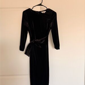 BODEN Midi Black Velvet Dress with Waist Tie